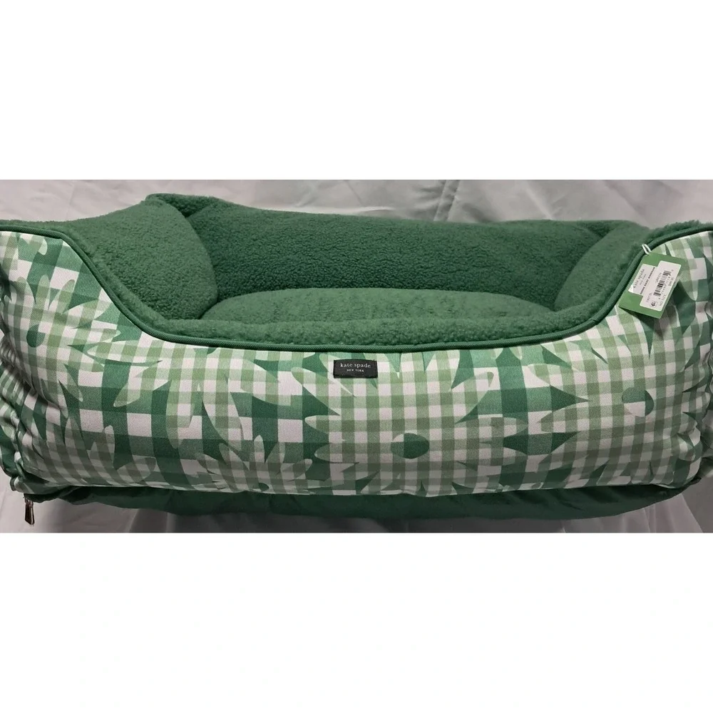 Kate Spade Green Daisy Gingham Dog Bed Plush‎ Cozy Pet Bed 28x22x10